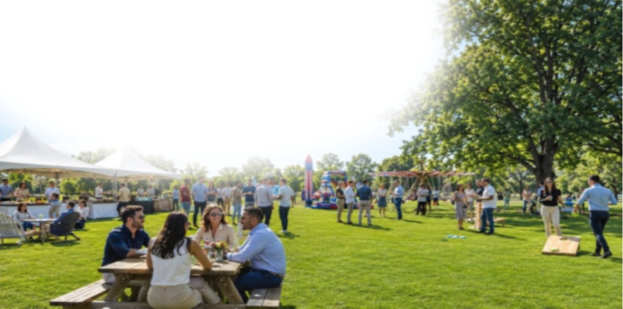 Employees at picnic tables playing cornhole at a company picnic in a Northern California park with tents and inflatables