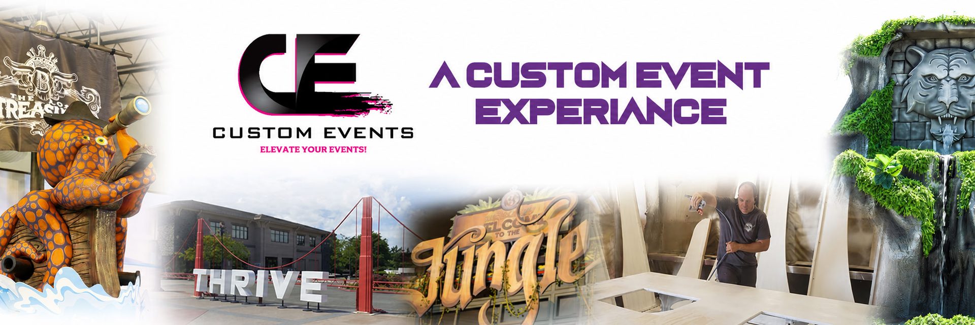 Collage of themed event sets built by Custom Events including jungle, treasure, and custom signage scenes
