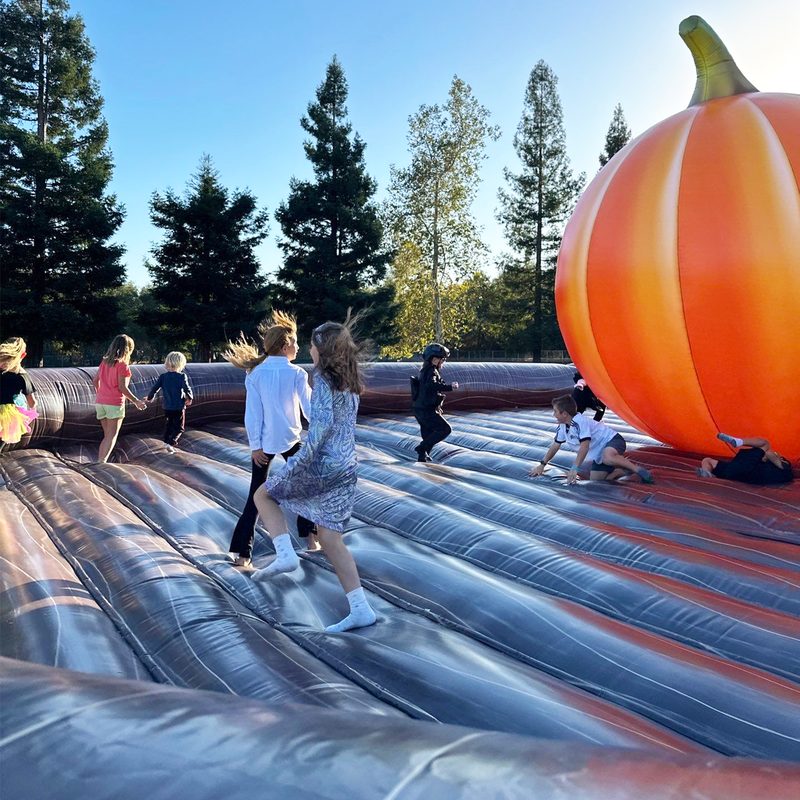 Students on a giant pumpkin slip and slide at a school fall festival
