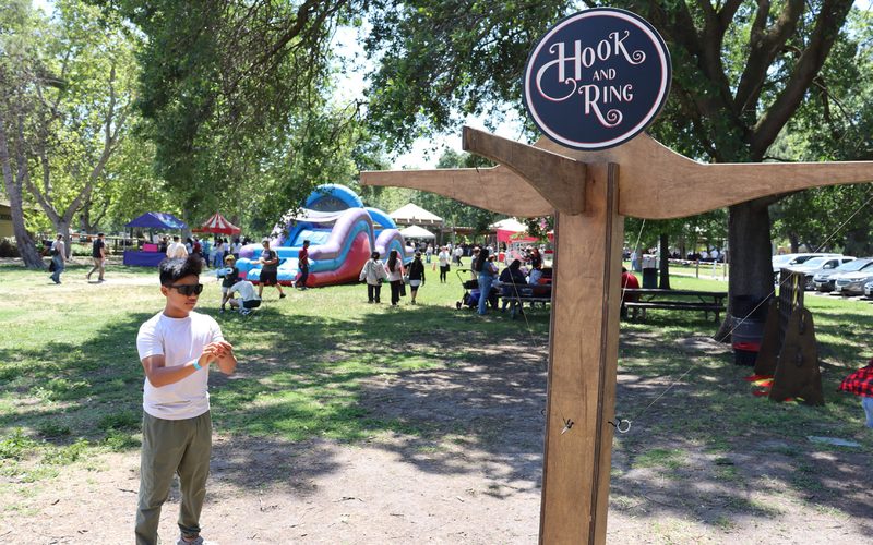 Hook and ring yard game at a shaded park company picnic