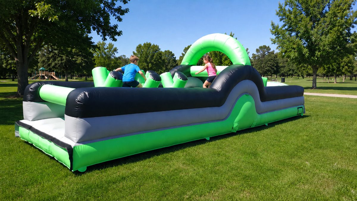 Green and black inflatable obstacle course set up on grass for an employee family day