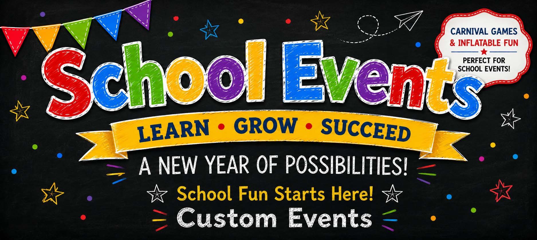 School Events banner with Learn Grow Succeed lettering, carnival games and inflatable fun from Custom Events