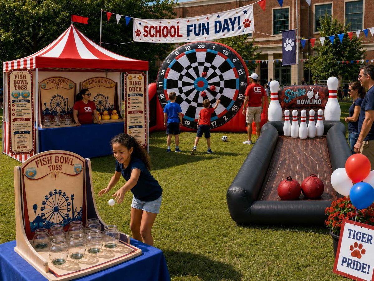 Students playing carnival games and inflatable bowling at a School Fun Day event