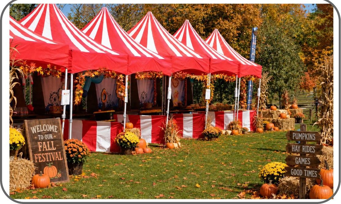 Red and white carnival game tents decorated with pumpkins at a fall festival