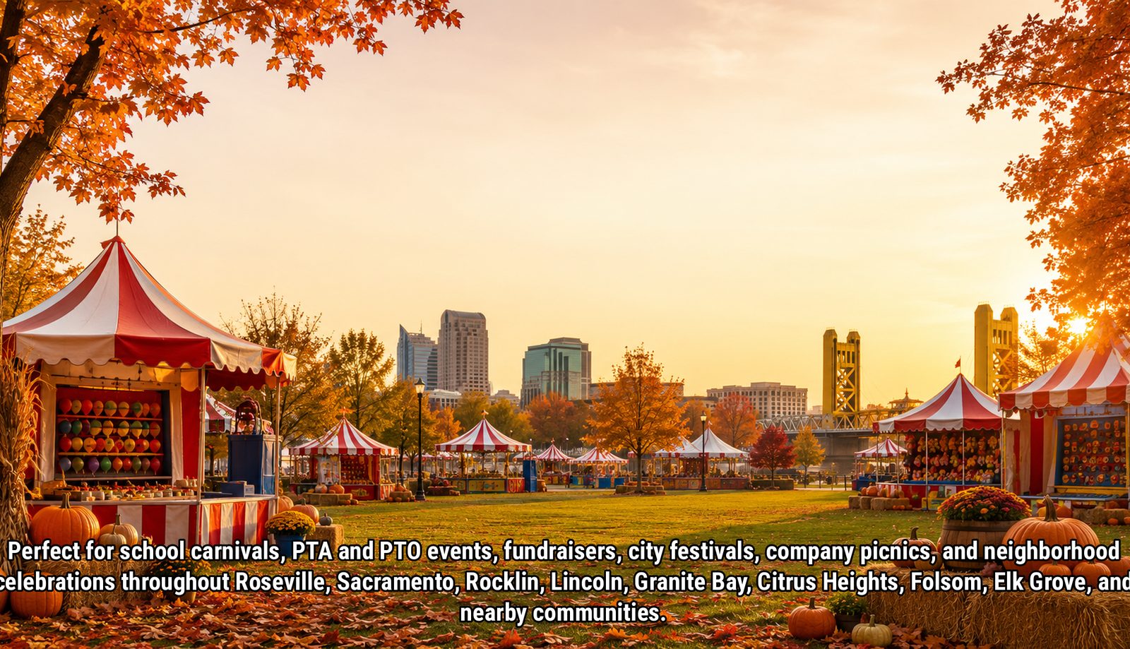 Fall carnival game booths with pumpkins and the Sacramento skyline and Tower Bridge in the background