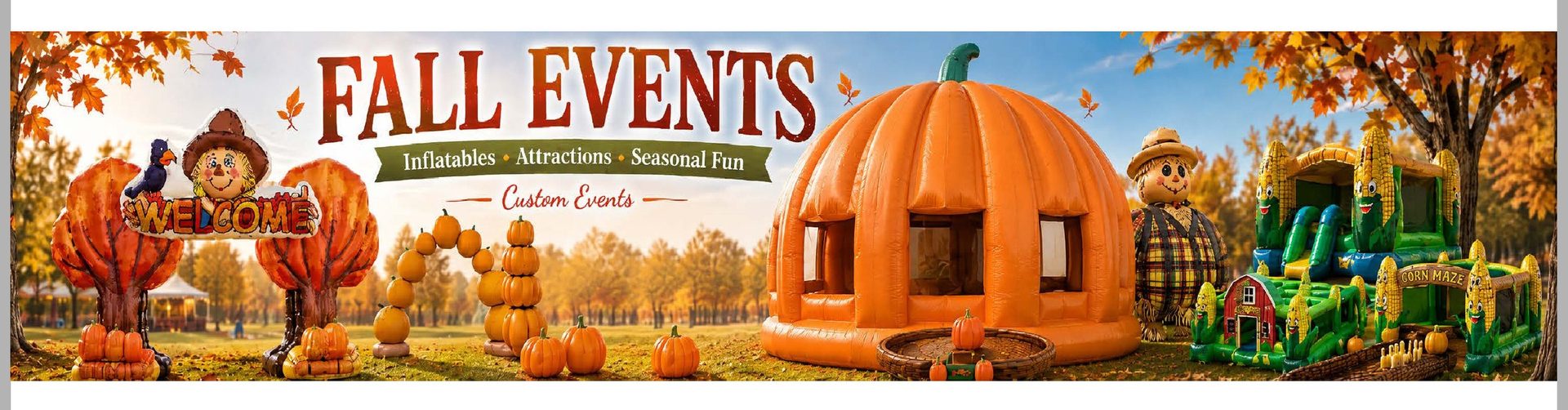 Fall Events attractions banner with giant inflatable pumpkin, scarecrow, and corn maze from Custom Events