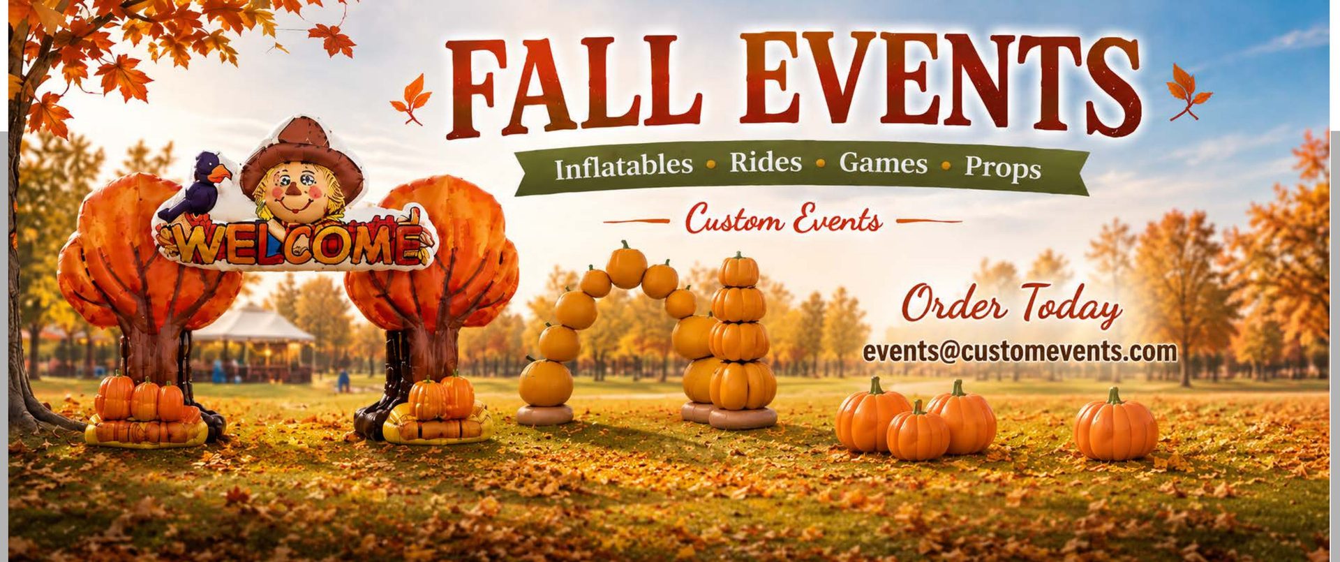 Fall Events banner with inflatable pumpkins, scarecrow, and autumn trees from Custom Events