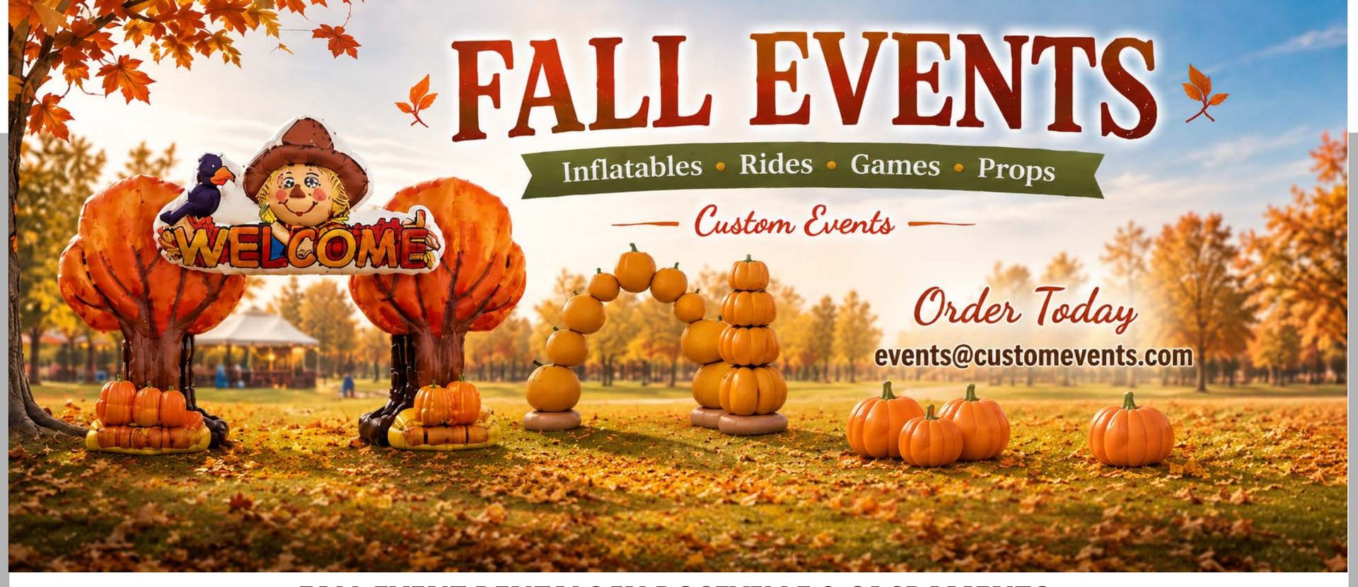 Fall Events banner with inflatable pumpkins, scarecrow, and autumn trees from Custom Events