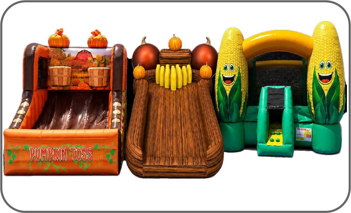 Fall inflatable games including pumpkin toss and a corn themed bounce combo
