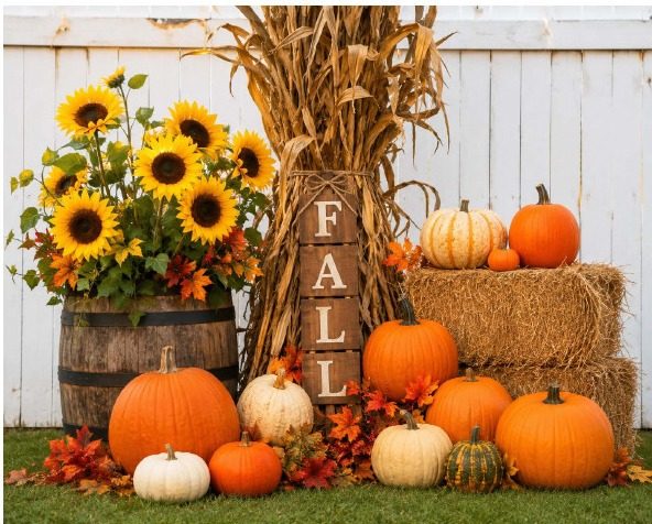 Fall photo display with pumpkins, sunflowers, and hay bales at a local event