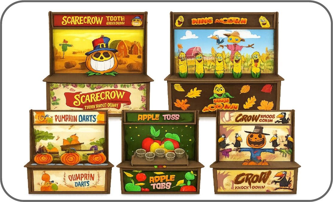 Fall themed carnival game booths including scarecrow, pumpkin darts, apple toss, and crow knock down