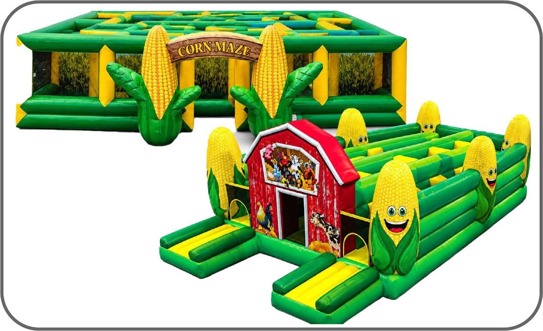 Inflatable corn maze with barn entrance for a fall festival event