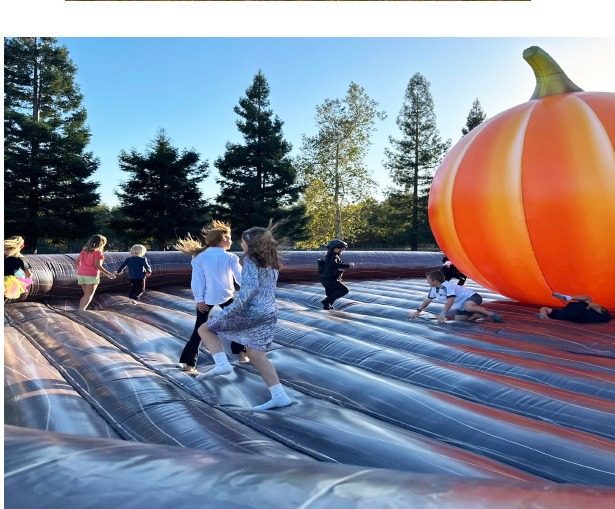 Children playing on a giant pumpkin inflatable jumping attraction at a Sacramento-area event