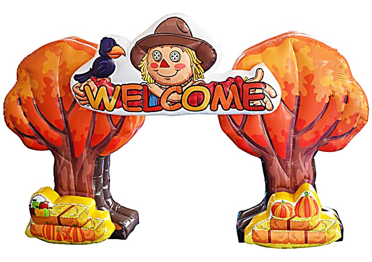 Inflatable scarecrow welcome arch with autumn trees for fall event entrances