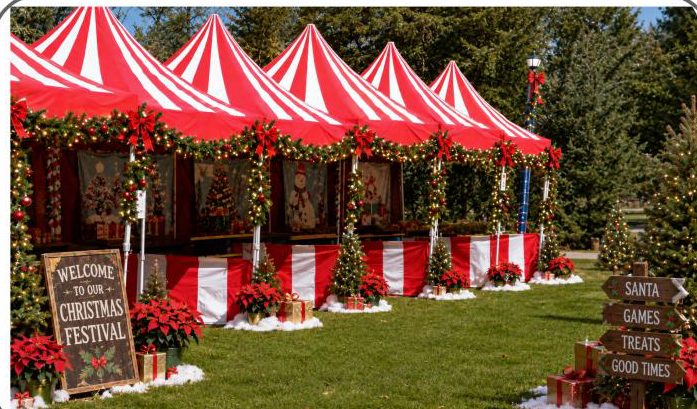 Red and white Christmas festival carnival game booths decorated with garland and poinsettias
