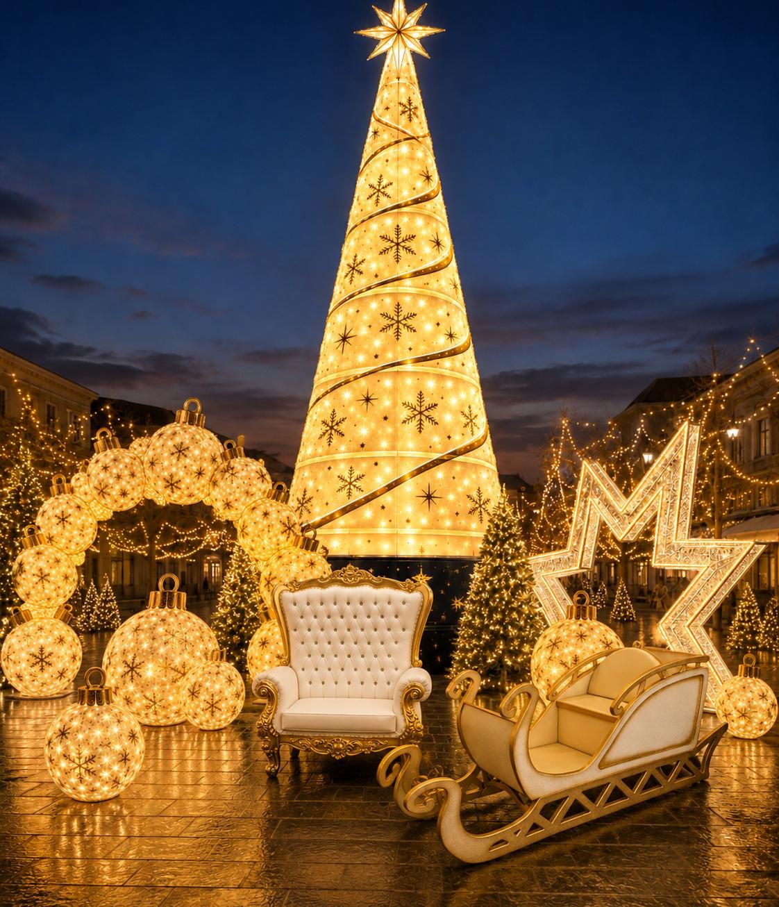Lighted Christmas tree, ornament arch, Santa chair, and sleigh set up for a Christmas event by Custom Events
