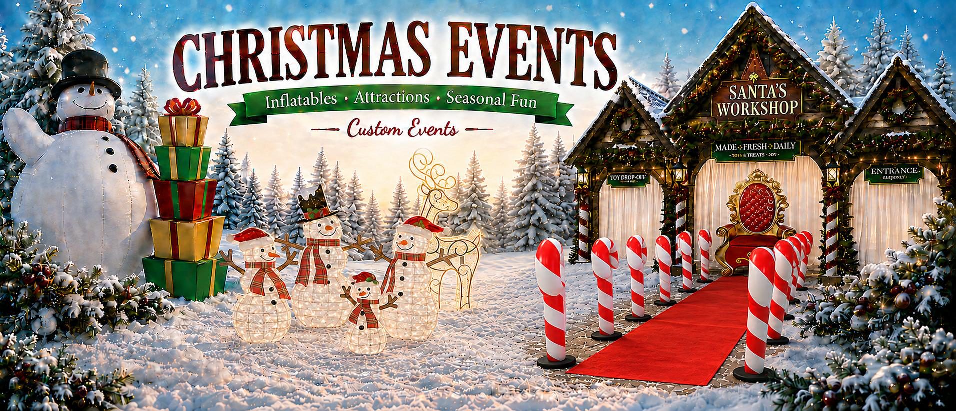 Custom Events Christmas Events banner with snowman, gift stack, lighted reindeer, Santa's Workshop, and candy cane lane