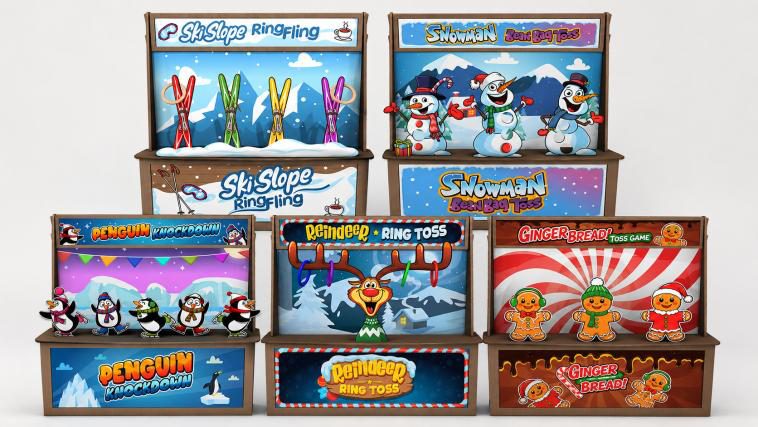Holiday themed premium wood carnival games including ski slope ring fling, snowman toss, and penguin knockdown